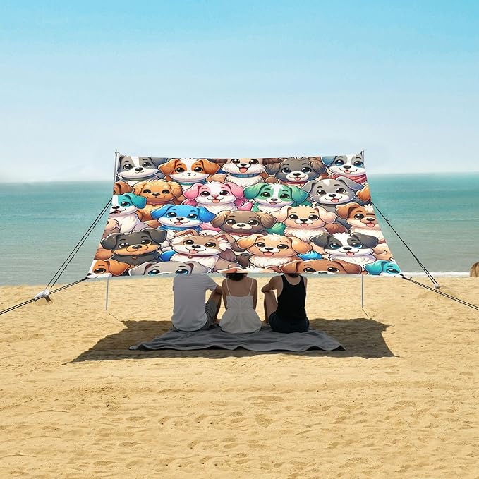 ALAZA Cute Dogs Colorful Puppy Beach Tent Sun Shelter UPF50+ Protection Beach Shade Canopy w/ 4 Sandbags for Outdoor Camping Fishing Backyard Fun Picnic 10x9 ft