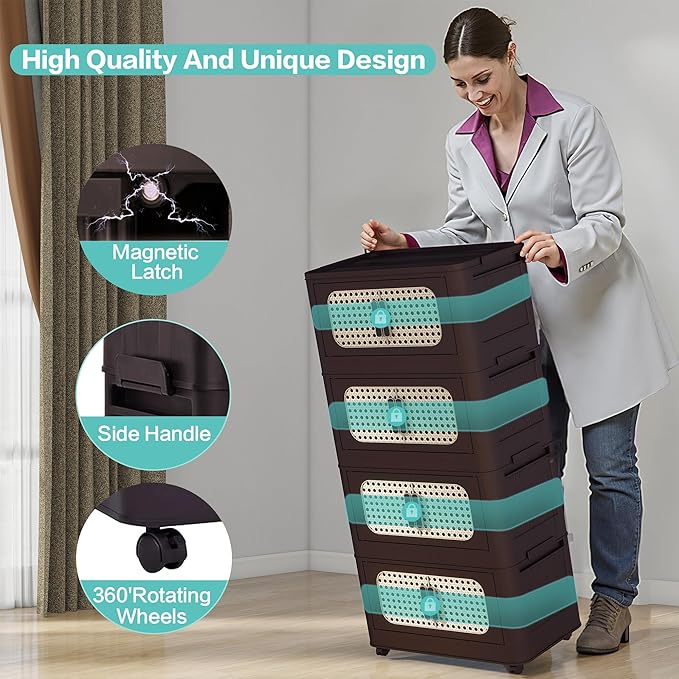 5 Tiers Folding Storage Cabinet20 Side Wide Stackable Storage Bins with Doors and Wheels Space Saving Plastic Cabinet for Living Room Office Dorm Retro Brown