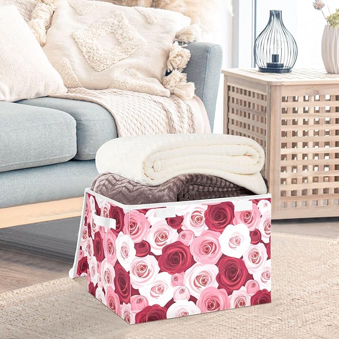 Red Pink Roses Print Lidded Home Storage Bins Closet Storage Bins Foldable Oxford Fabric Storage Box for Home Bedroom Closet Office (16.5x12.6x11.8 in)