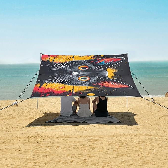 ALAZA Black Cat Art Beach Tent Sun Shelter UPF50+ Protection Beach Shade Canopy w/ 4 Sandbags for Outdoor Camping Fishing Backyard Fun Picnic 10x9 ft