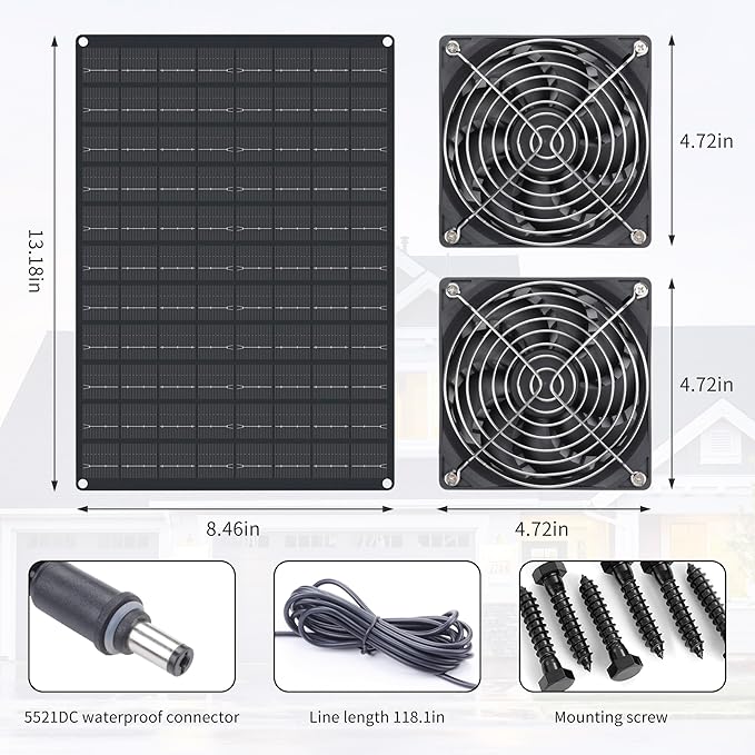 Solar Powered Fan 15W Waterproof Solar Panel Exhaust Intake Monocrystalline Fan with 9.8Ft On/Off Cable for Outside/Inside Shed Chicken Coop Coop&ampWarehouse&ampGreenhouse Doghouses Cooling Ven