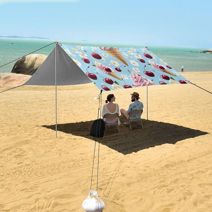 ALAZA Ice Cream Flower Cherry Pattern Beach Tent Sun Shelter Portable Canopy Sunshade for Outdoor Camping Picnics Backyard Fun 10x9 ft