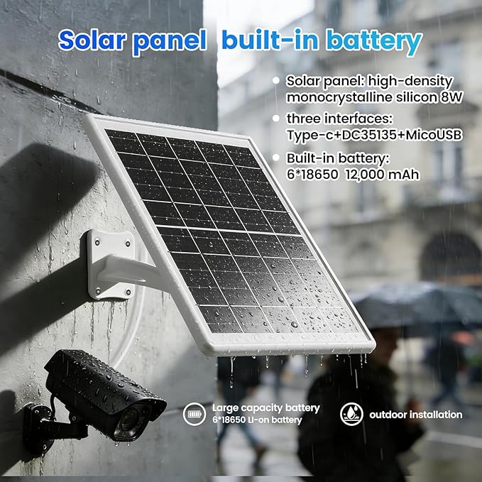 Solar Panel for Device DC 5V Type-C Micro USB DC Port builit in 12000mAh Battery for Cameras Also with 9.8ft Charging Cable IP65 Waterproof