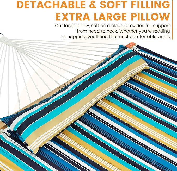 Lazy Daze Hammocks 2 Person Double Quilted Fabric Hammock with Spreader Bar Detachable Pillow Side Pocket Carabiners Chains Straps for Outdoor 450lbs Capacity Beach Stripes