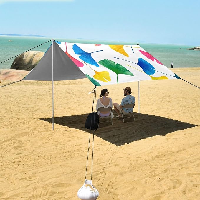 xigua Leaves Beach Tent Sun Shelter with Carrying Bag - Silver Coated Oxford Fabric Beach Canopy for Beach Camping Fishing - Includes Windproof Ropes Sandbags &amp Stakes