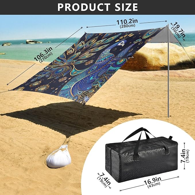 ALAZA Boho Astrology Peacock Beach Tent Sun Shelter Portable Canopy Sunshade for Outdoor Camping Picnics Backyard Fun 10x9 ft