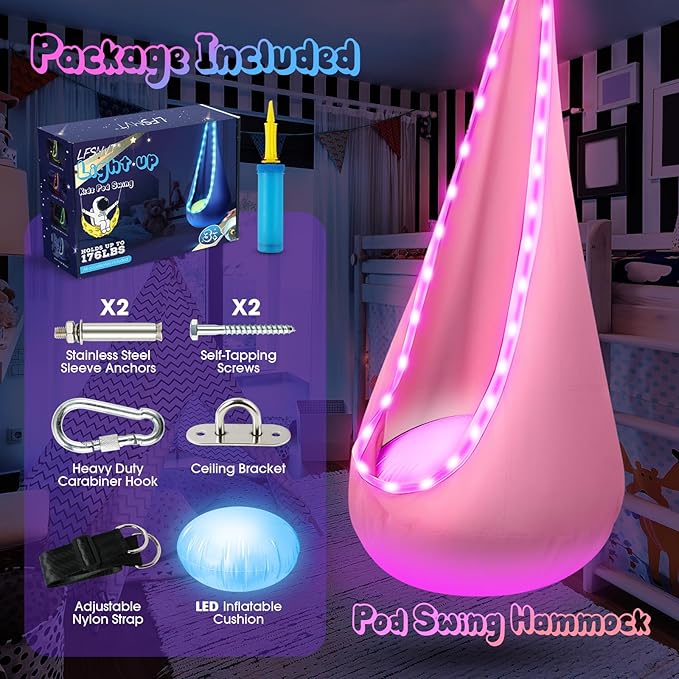 Light Up Kids Pod Swing Seat Upgraded Kids Hanging Hammock Swing with LED Lights Cotton Sensory Pod Swing Chair with Inflatable Pillow Pod Swing for Kids Indoor &amp Outdoor (Light Pink)