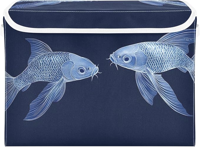 AIXIWAWA Lidded Storage Cube (Fishes Blue) Fabric Foldable Closet Bins with Flip Lid and Handles Organizer Basket Container 16.5 x 12.6 x 11.8 IN