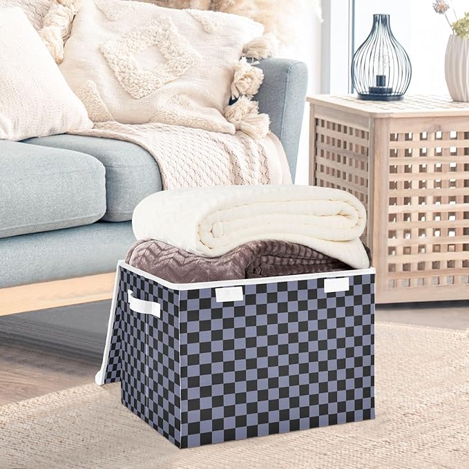 Grey Black Checkerboard Storage Baskets Lidded Bin Foldable Storage Boxes Cubes Lids with 2 Handles for Organizing Closet Home Office