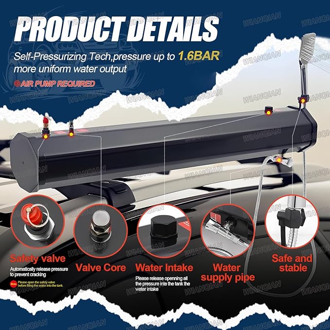 Camping Shower Rinse Kit Roof Rack Mount Road Shower Portable Camping Solar Shower Outdoor Activities Water Supply With Balancing Screws And Metal Feet For Trucks Off Road Vehicles 4.76加仑/18升