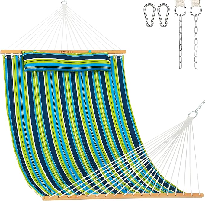 Lazy Daze Hammocks 12 FT Quilted Fabric Double Hammock with Spreader Bars and Detachable Pillow 450lbs Weight Capacity Blue Green Stripes