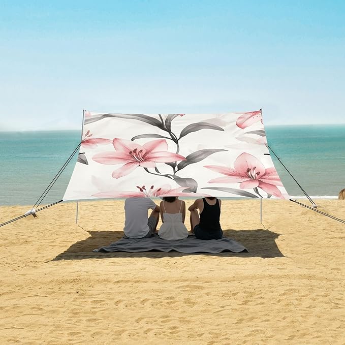 ALAZA Cute Chic Pink Lily Floral Flower Beach Tent Sun Shelter Portable Canopy Sunshade for Outdoor Camping Picnics Backyard Fun 10x9 ft