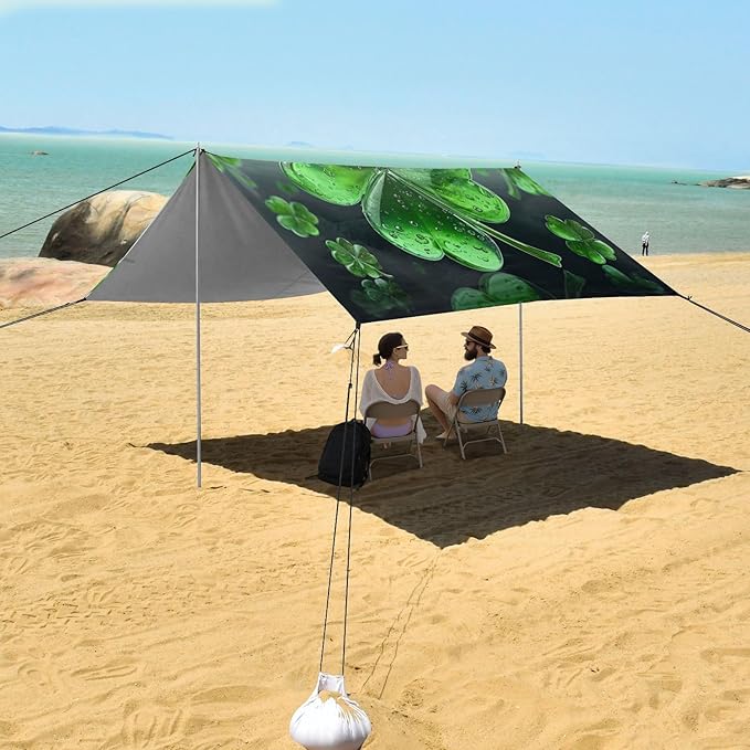 St Patrick's Day Crystal Clovers Beach Tent Sun Shelter Set UPF50+ UV Protection 10.5 x 9.19 FT Camping Shade Canopy with Sandbags Sand Anchors Carrying Bag and Others