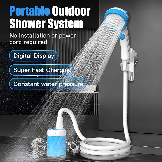 Iron Hammer Portable Outdoor Shower System with Intelligent Digital Display IPX7 Waterproof Camping Shower 5200mAh Rechargeable Battery 3 Water Discharge Modes &amp Real-Time Temperature Monitorin