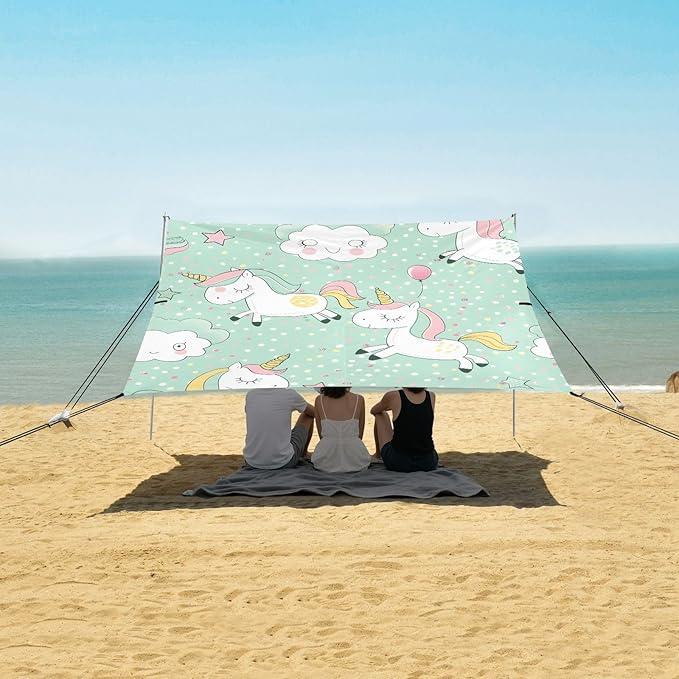 ALAZA Cute Cartoon Unicorn Pattern Beach Tent Sun Shelter Portable Canopy Sunshade for Outdoor Camping Picnics Backyard Fun 10x9 ft