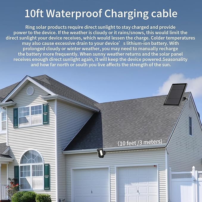 Solar Panel for Ring Camera(2nd Generation) Dustproof Waterproof 5W Solar Panel with 10FT/3M Long Cable for Stick Up &amp Pro Spotlight Cam Battery for Security Camera 3 Pack-BK