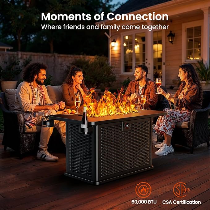 AMADA HOMEFURNISHING 43 Inch Propane Fire Pit Table 60000 BTU Gas Fire Pit with Lava Rocks Waterproof Cover Removable Lid Cup Holders 2-in-1 Fire Table for Patio Backyard Garden Black