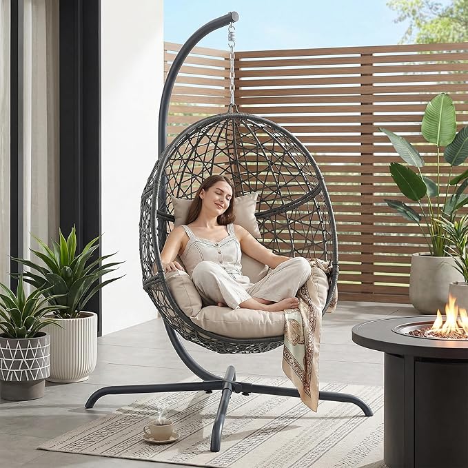 RADIATA Oversized Hanging Egg Chair with Stand Large Indoor Outdoor Swing Chair with Cushion 350lbs Wicker Bird Nest Eggshell Basket Chairs Patio Swinging Hammock Chair for Bedroom Garden Beige