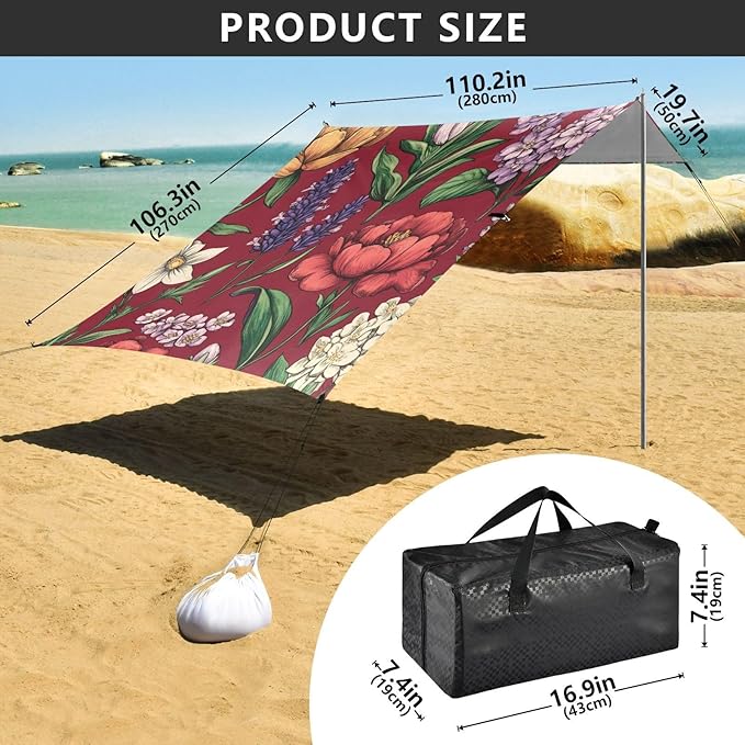 Spring Flower on Red Beach Tent &amp Canopy UPF50 Lightweight Portable Sun Shelter Includes Sand Shovel Sandbags Stability Poles for Camping Fishing Backyard Fun