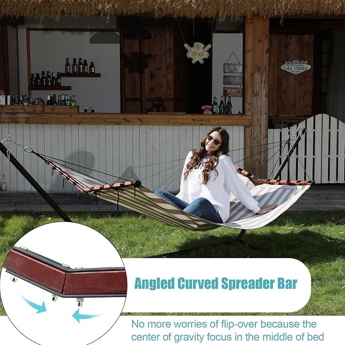 TegerDeger 12FT 2 Person Hammock Large Hammock Quick Dry 450LB Capacity with V Shaped Hardwood Spreader Bar &amp Nylon Rope for Outside Patio Garden Backyard Beach Poolside - Beige Stripes