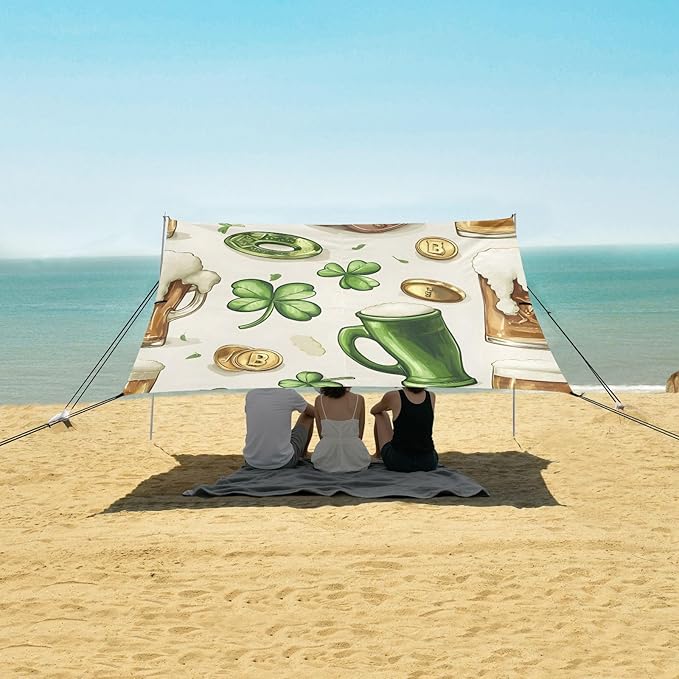 xigua St. Patrick's Day Beach Tent Sun Shelter with Carrying Bag - Silver Coated Oxford Fabric Beach Canopy for Beach Camping Fishing - Includes Windproof Ropes Sandbags &amp Stakes