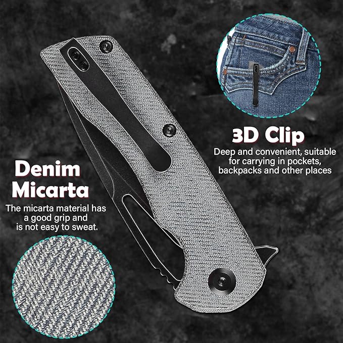 KANSEPT Kryo Pocket Knife 8.08in Folding Knives with 3.58in12C28N Steel Drop Point Blade and Denim Micarta Handle for Outdoor Tactical Survival and EDC T1001M1