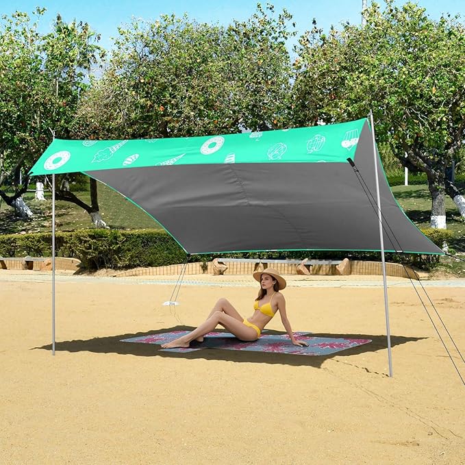 xigua Desserts Beach Tent Sun Shelter with Carrying Bag - Silver Coated Oxford Fabric Beach Canopy for Beach Camping Fishing - Includes Windproof Ropes Sandbags &amp Stakes