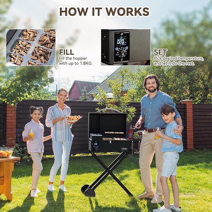 BBQ Wood Pellet Grill Smoker with Foldable Cart Meat Probe 2 Tiers Cooking Area Portable Grilling Stove for Outdoor Kitchen Cooking Smoke and Roast RV Camping Black GS343