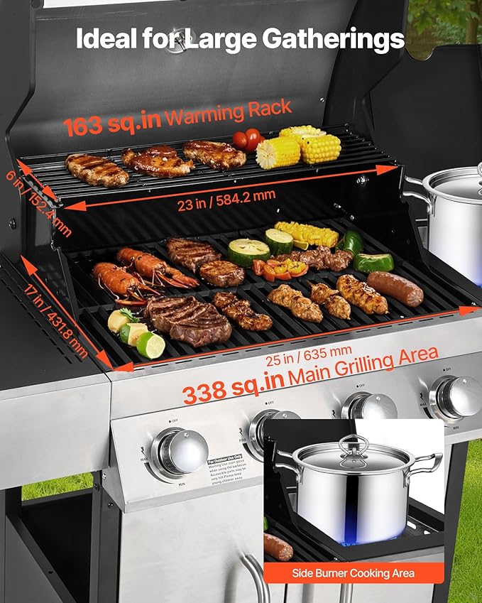 VEVOR Gas Grill 4 Burner Propane Gas Grill with Side Burner 425 SQ.In Grilling Area Carbon Steel Enamel Grates Outdoor 52000 BTU Patio Garden BBQ Grills with Two Side Shelves Stainless Steel
