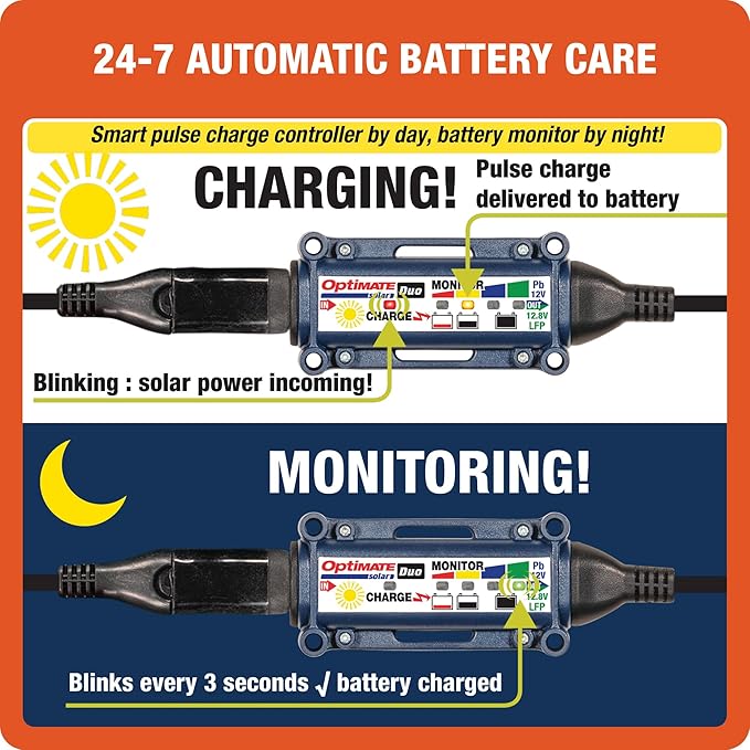 Optimate Solar Duo 10W TM522-D1 6-Step 12V / 12.8V 0.83A Weatherproof Solar Battery Saving Charger &amp maintainer