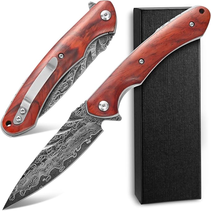 Sitivien ST242 Damascus Steel Folding KnifeFlipper Liner Lock Knife with Damascus VG10 Core BladeDalbergia Handle for Everyday Carry Hunting and Outdoor