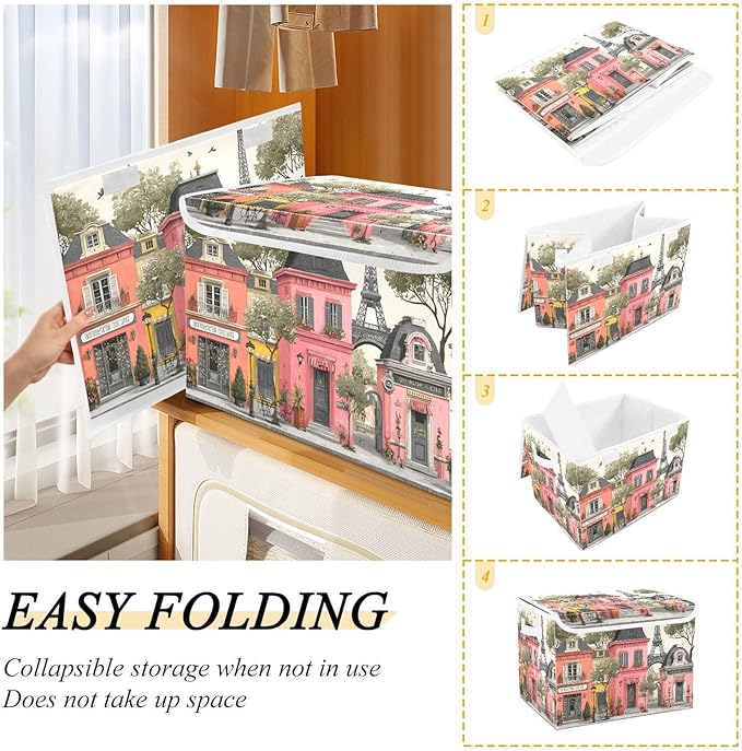 Street Of Paris Print Storage Basket Bins with Lid Foldable Flip-top with Handle for Home Office 16.5×12.6×11.8 in 1 Pack