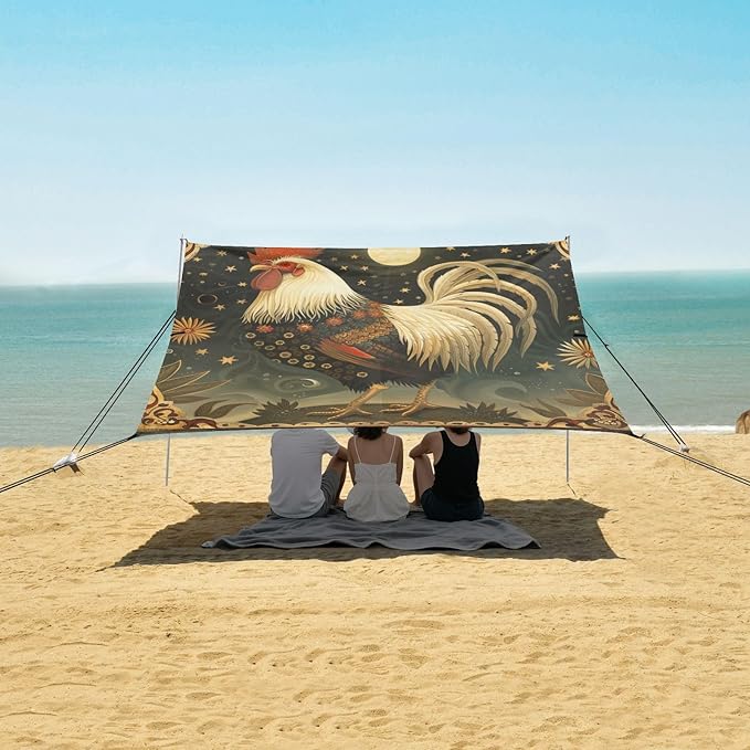 ALAZA Rooster Sun Star Beach Tent Sun Shelter Portable Canopy Sunshade for Outdoor Camping Picnics Backyard Fun 10x9 ft