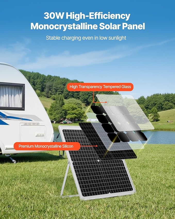 VEVOR 30W 12V Solar Panel Battery Charger Solar Battery Trickle Charger Maintainer with Intelligent MPPT Controller &amp Adjustable Mount Bracket IP67 Waterproof for Car Boat RV Motorcycle Trailer