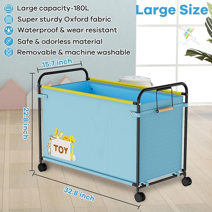 180L Kids Extra Large Toy Box with Wheels for Boys Girls 31.5 x 15.7 x 23.2 Big Toy Chest with Handle Toy Storage Organizer for Living Room Area Stuffed Animals Clothes(Blue 1PC)