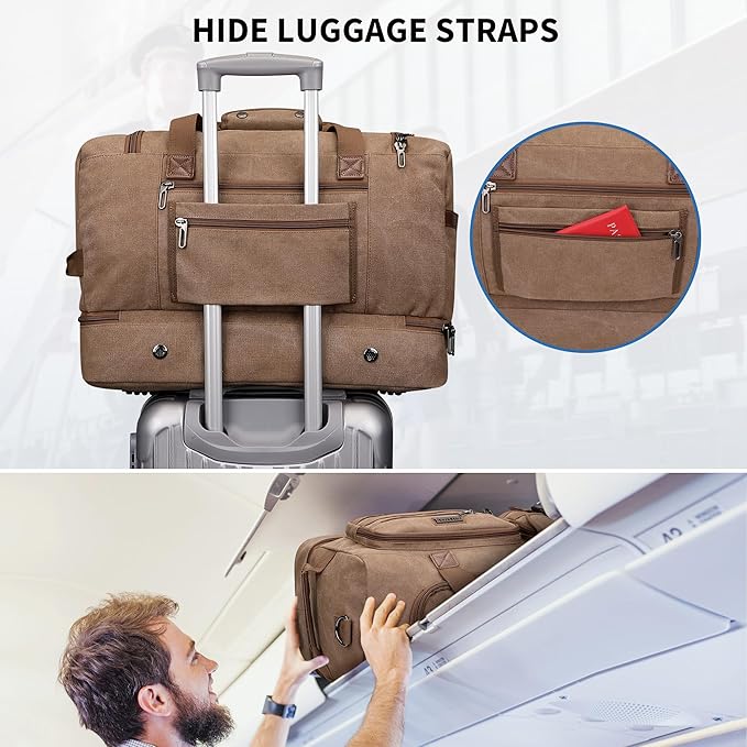 WITZMAN Duffle Bag for Men 50L Canvas Weekender Overnight Bag with Toiletry Bag Sets Travel Duffel Bag Shoes Compartment（A8010/2 Brown）