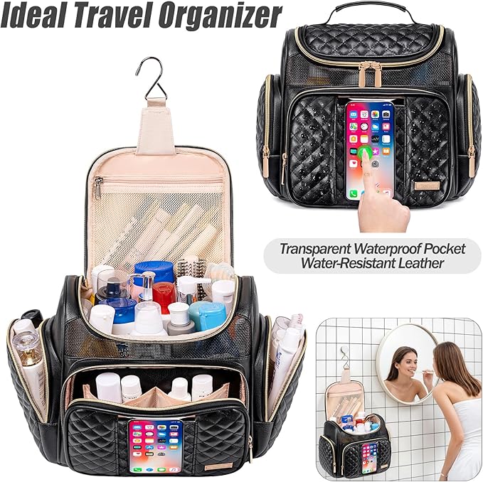 Large Leather Toiletry Bag for Women MenBathroom BagWater Resistant Shower BagMakeup BagPortable Shower Caddy for College DormHanging Travel Toiletry Bag with Transparent Waterproof Phone Pocket
