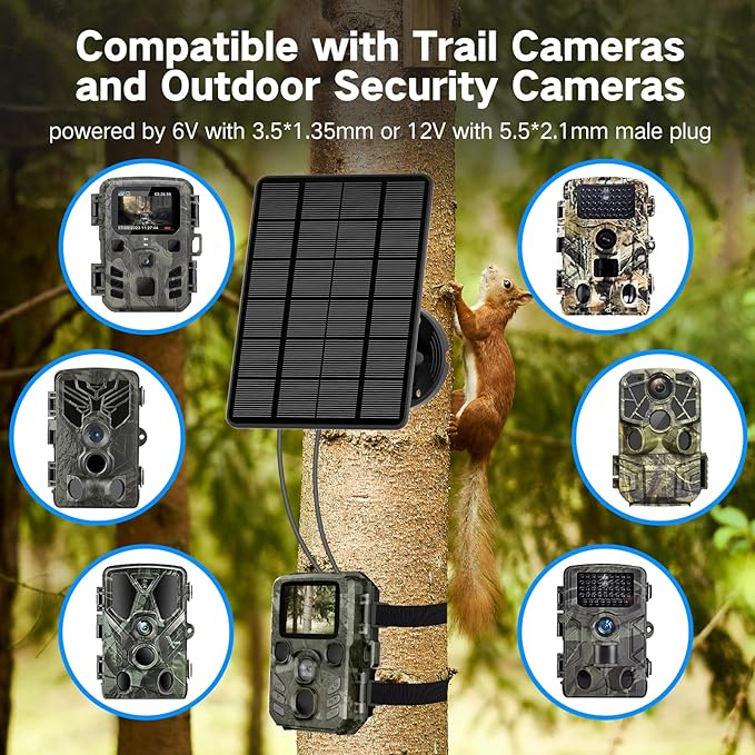 Solar Panel for Trail Camera Trail Camera Solar Panel with 5000mAh Rechargeable Lithium Battery - Output 12V/1A 6V/1.5A IP66 Water Proof Hunting Accessory Game Cameras Solar Charger