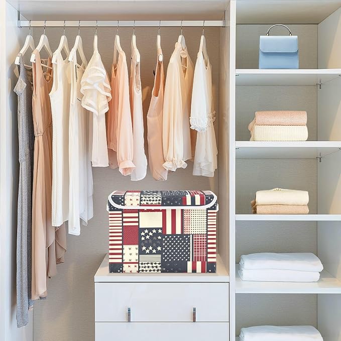 Collapsible Storage Bins with Lids Decorative Fabric Storage Cubes Closet Organizer and Storage Basket Boxes Containers for Clothes Box Chest Nursery Folding Rectangle July 4th Textile Flag