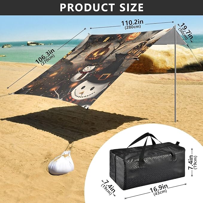 ALAZA Halloween Pumpkin Snowman Beach Tent Sun Shelter UPF50+ Protection Beach Shade Canopy w/ 4 Sandbags for Outdoor Camping Fishing Backyard Fun Picnic 10x9 ft
