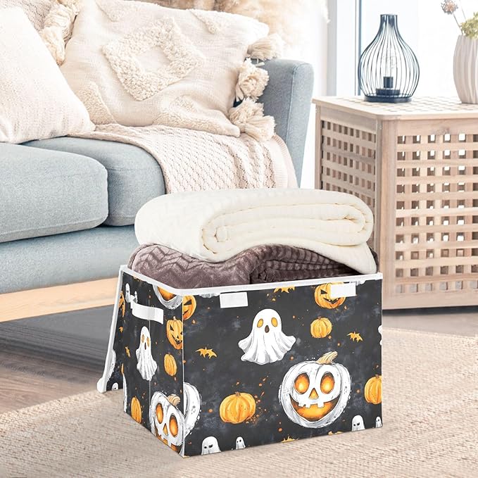 AIXIWAWA Lidded Storage Cube (Pumpkin Halloween Pattern) Fabric Foldable Closet Bins with Flip Lid and Handles Organizer Basket Container 16.5 x 12.6 x 11.8 IN