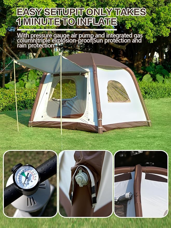 Inflatable Camping Tent2/4/6/8 Person Glamping Inflatable Tents with Awning Quick Setup Blow Up Tents with Pump Waterproof Oxford Inflatable House for Camping Air Glamping Hot Tents for Adult