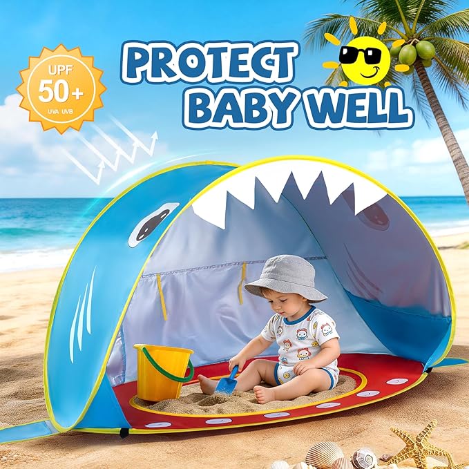 Baby Beach Tent - Shark Pop Up Beach Tent Sun Shade for Beach Portable Shade Pool UV Protection Sun Shelter for Outdoor Travel Camping