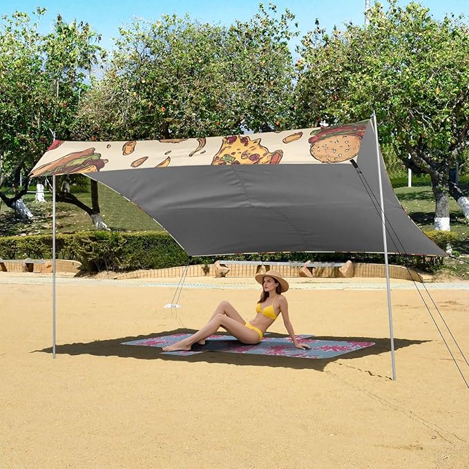 ALAZA Pizza Hamburger Pattern Beach Tent Sun Shelter Portable Canopy Sunshade for Outdoor Camping Picnics Backyard Fun 10x9 ft