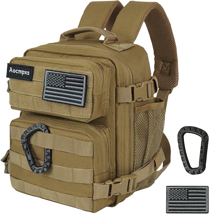 Mini Tactical Backpack 9L Small Gym Backpacks Sport Bag for Men Women Molle Military Pack with US Flag Patch and Carabiner (Tan)