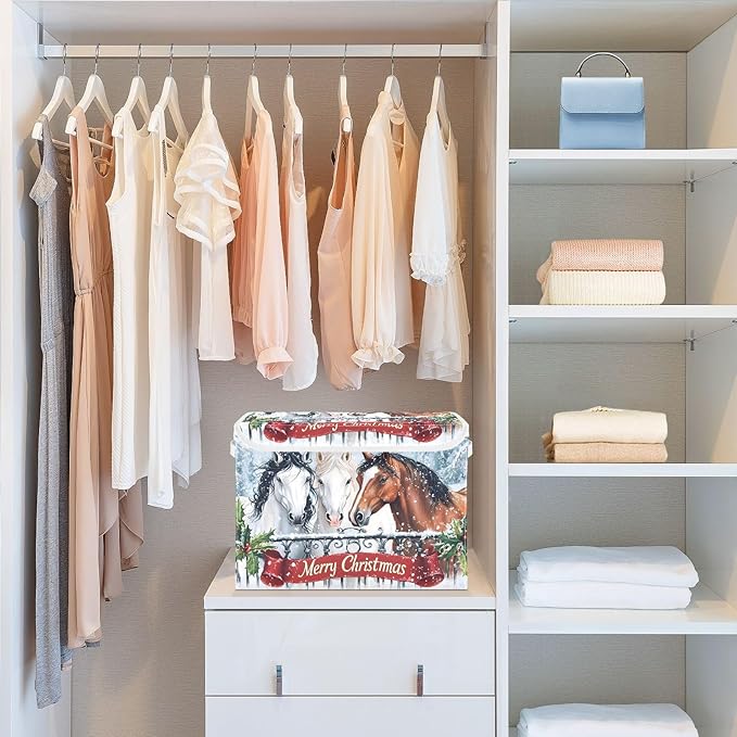 senya Christmas Baskets Collapsible Storage Bins with Lids Horses in The Snow Christmas Storage Boxes Clothes Baskets for Organizing