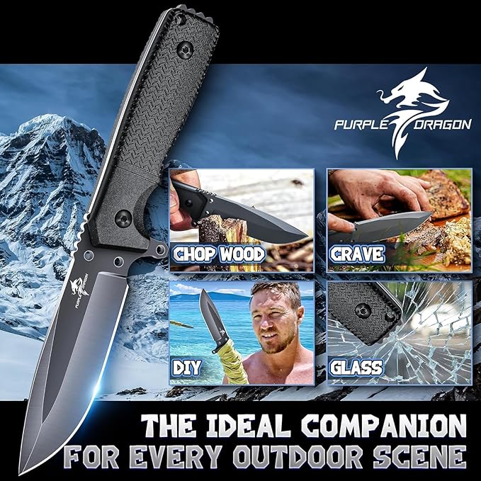 Purple Dragon Fixed Blade Knife with Kydex Sheath Black Outdoor Knives for Camping with Ergonomic Handle Durable Kydex Sheath Gifts for Men