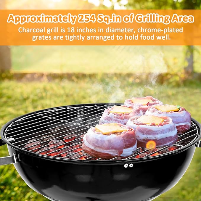 18 inch Kettle Charcoal Grills Leonyo Portable BBQ Charcoal Grill for Outdoor with Cover &amp Chimney Starter Griddle Accessories for Camping Patio Backyard Cooking - 254 Sq.in