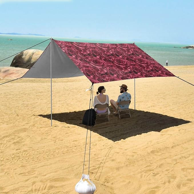 ALAZA Red Rose Flower Floral Beach Tent Sun Shelter UPF50+ Protection Beach Shade Canopy w/ 4 Sandbags for Outdoor Camping Fishing Backyard Fun Picnic 10x9 ft