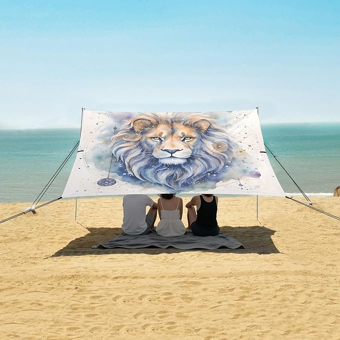 ALAZA Watercolor Lion Beach Tent Sun Shelter UPF50+ Protection Beach Shade Canopy w/ 4 Sandbags for Outdoor Camping Fishing Backyard Fun Picnic 10x9 ft